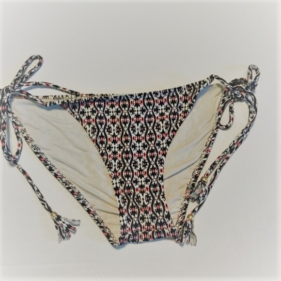 EBERJEY Medium Bikini Bottom Black Peach Tassels Adjustable Tie Swim Beach Pool - Picture 1 of 5